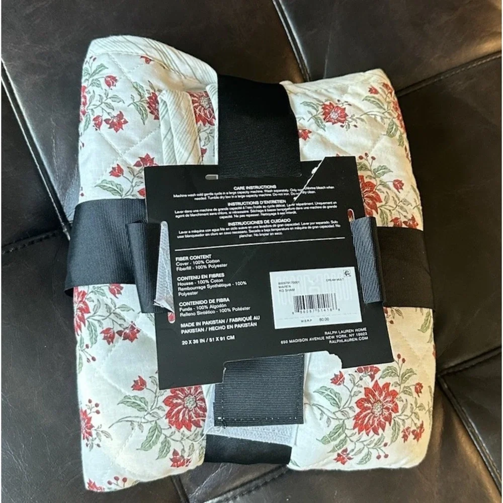 Ralph Lauren Maren Vintage Floral Diamond Stitch King Size Pillow Sham 20 X 36